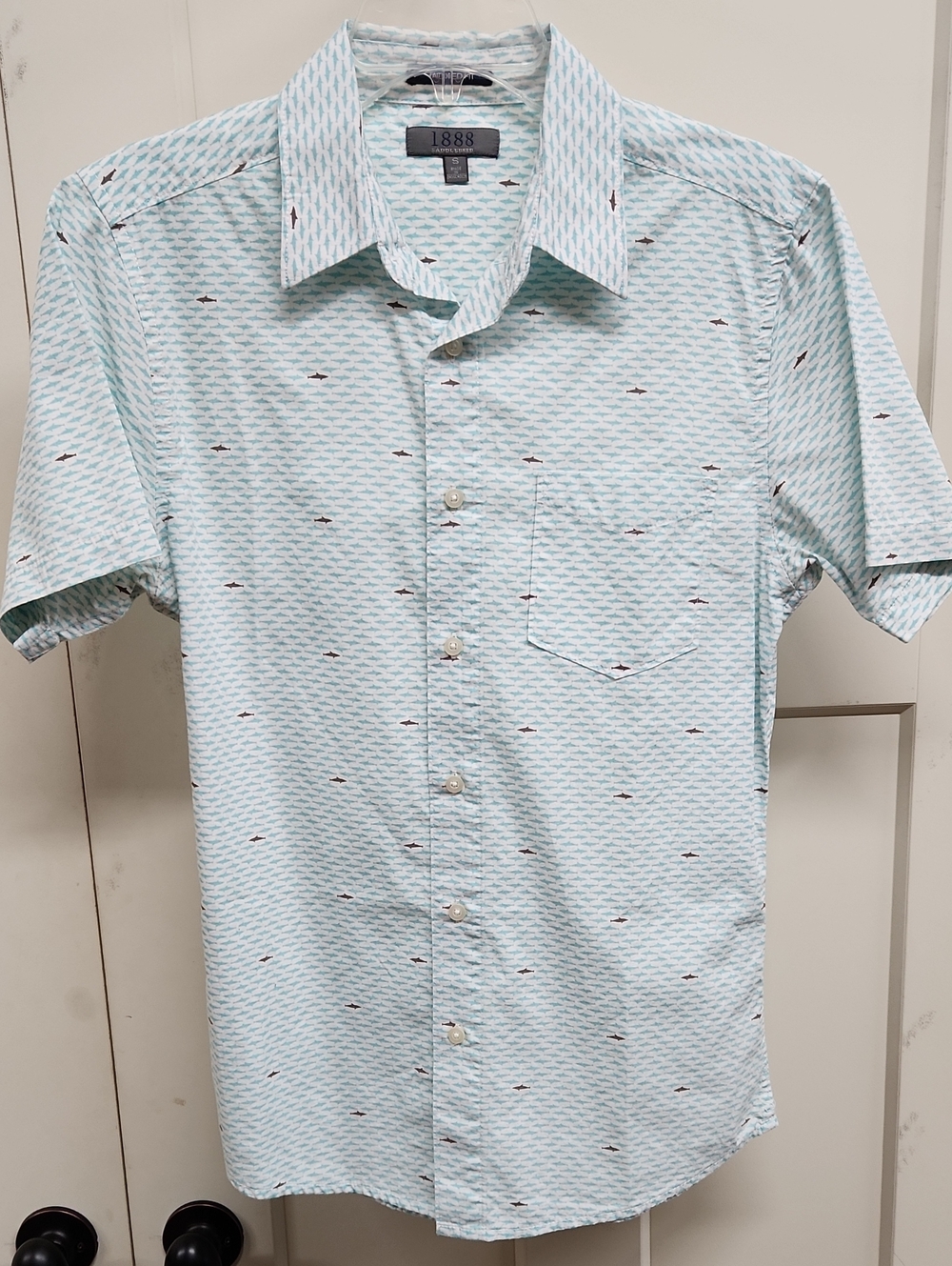 Saddlebred 1888 Tailored White With Teal/Brown Shark Print Short Sleeve Shirt